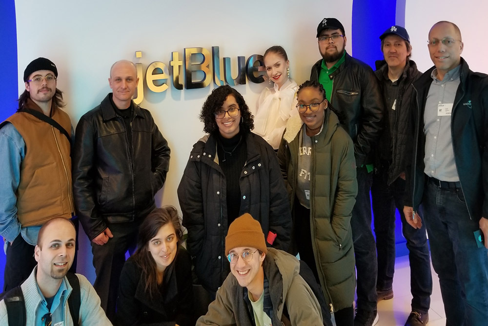 Student team visiting JetBlue head quarters in Queens for the Viscardi project briefing