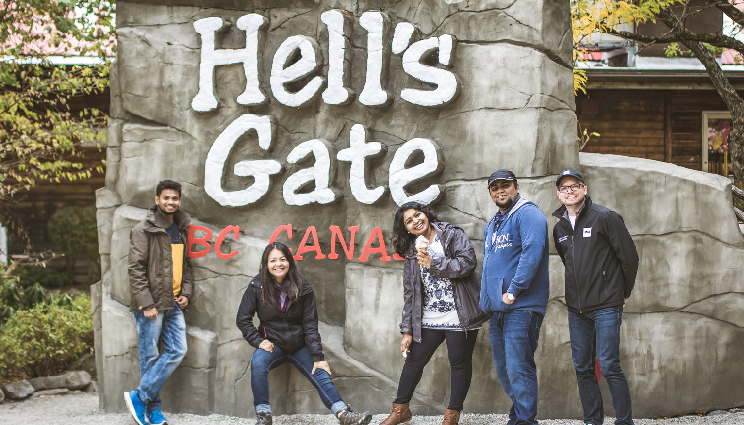 We posed in front of a sign welcoming us to the Hell’s Gate Airtram in British Columbia.