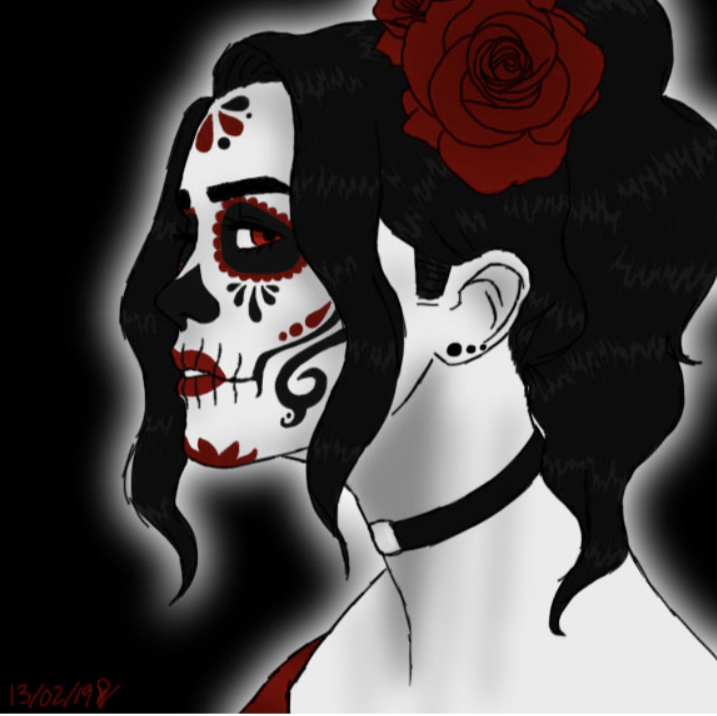 La Muerte  13 March 2020  Digital Art - Photoshop  8.5” x 11”  “A character I created for the sake of an art show. I had a theme for myself (only using the colours red, black, and white). It was hard, it definitely set me back, but overall I enjoy the piec